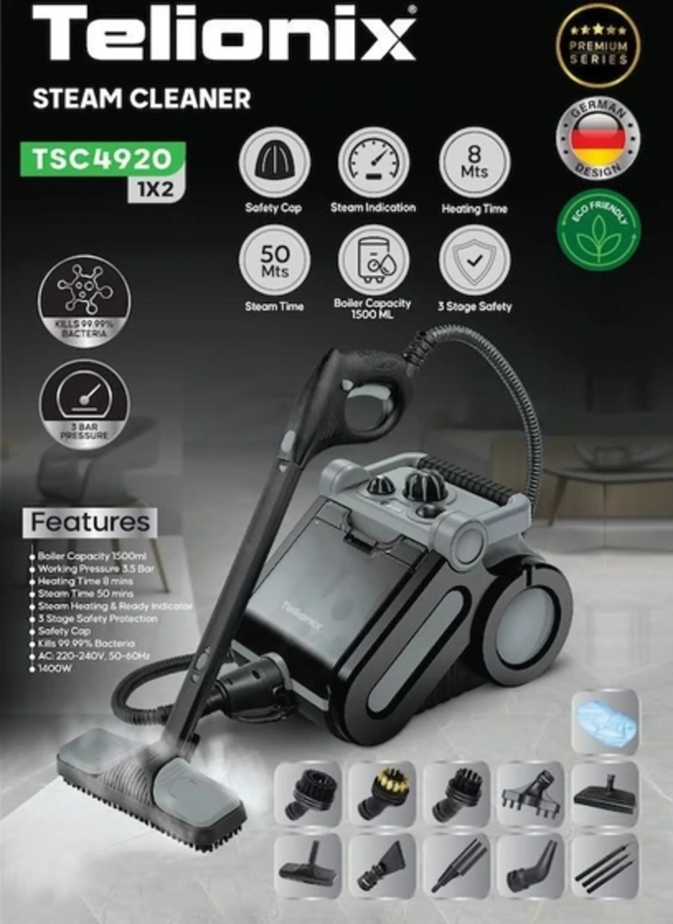 بخارشوی تلونیکس مدل TSC4920 ظرفیت 1.5 لیتر فشار 3.5 بار